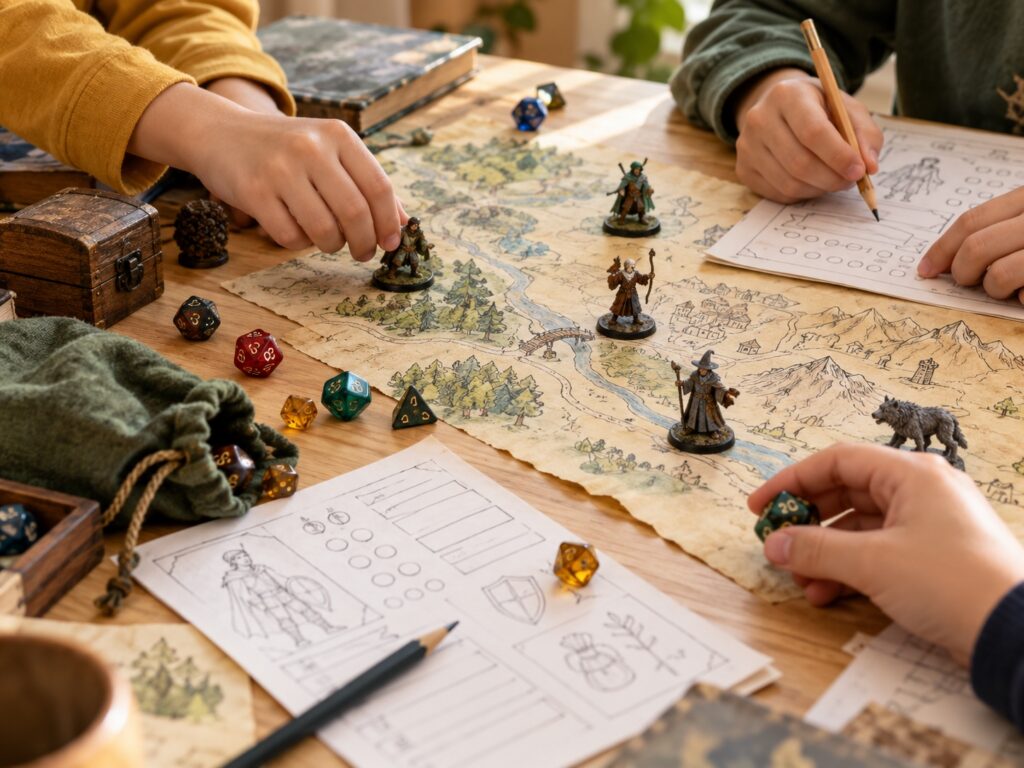 Detail stolní hry s fantasy mapou, kostkami, figurkami a rukama dětí.